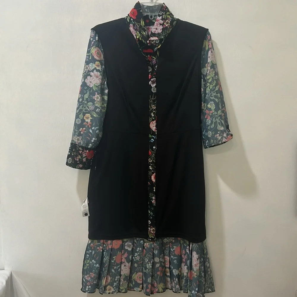 ADRIANNA PALLEL  DRESS WOMEN SIZE 9 BLACK FLORAL PEPLUM HEM - Picture 11 of 14